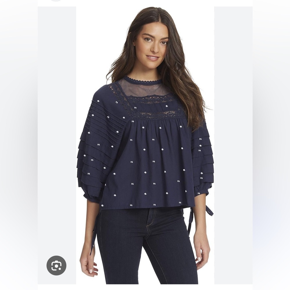 Ella Moss Lyra Pintucked Puff Sleeve Shirt Blouse Navy Blue White Swiss Dot